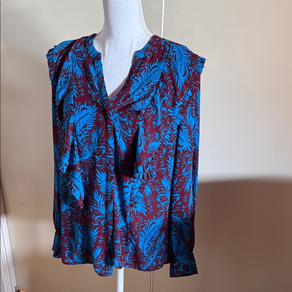 Alfani Burgundy and Blue Leaf Print Blouse